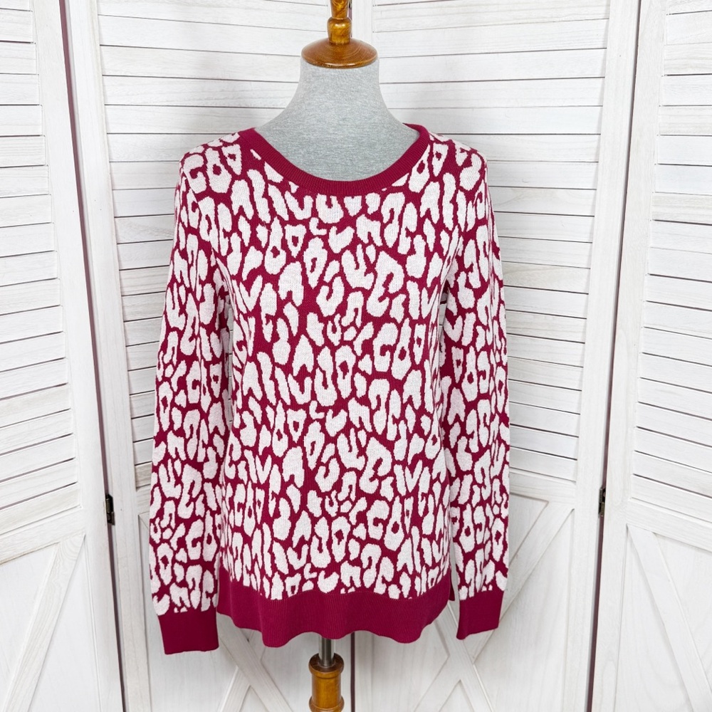 Loft Cheetah‎ Print Crew Neck Cotton Sweater Red White Small